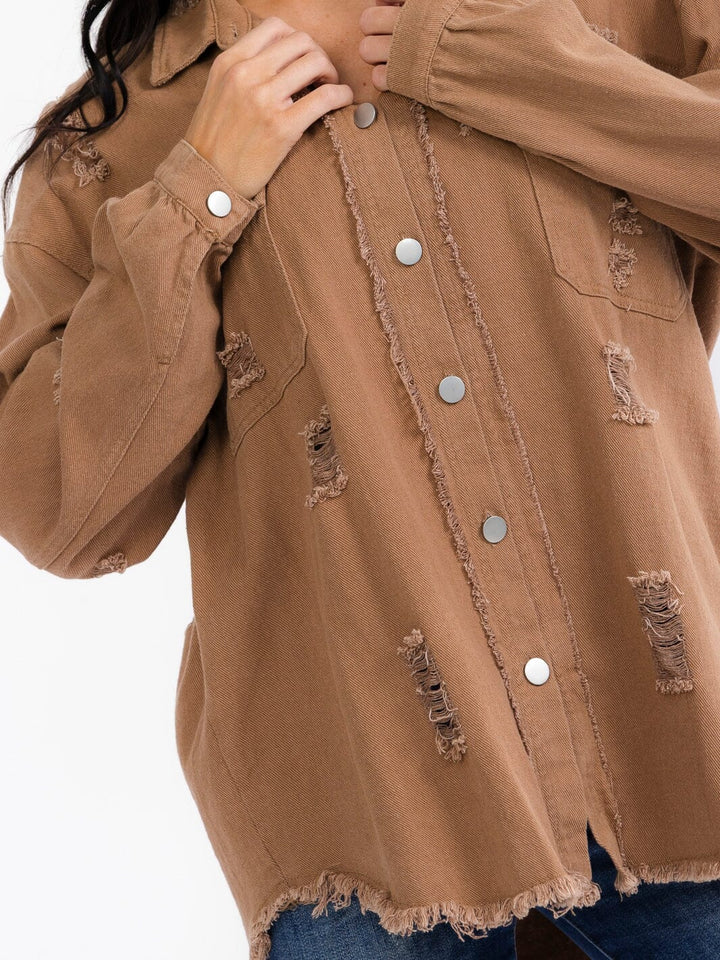 WOMEN'S LONG SLEEVE BUTTON UP FRONT POCKETS DENIM DISTRESS SHACKET