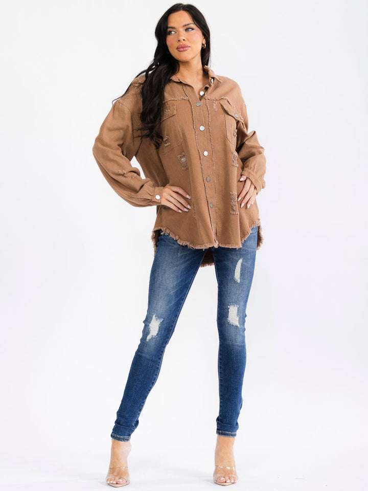 WOMEN'S LONG SLEEVE BUTTON UP FRONT POCKETS DENIM DISTRESS SHACKET