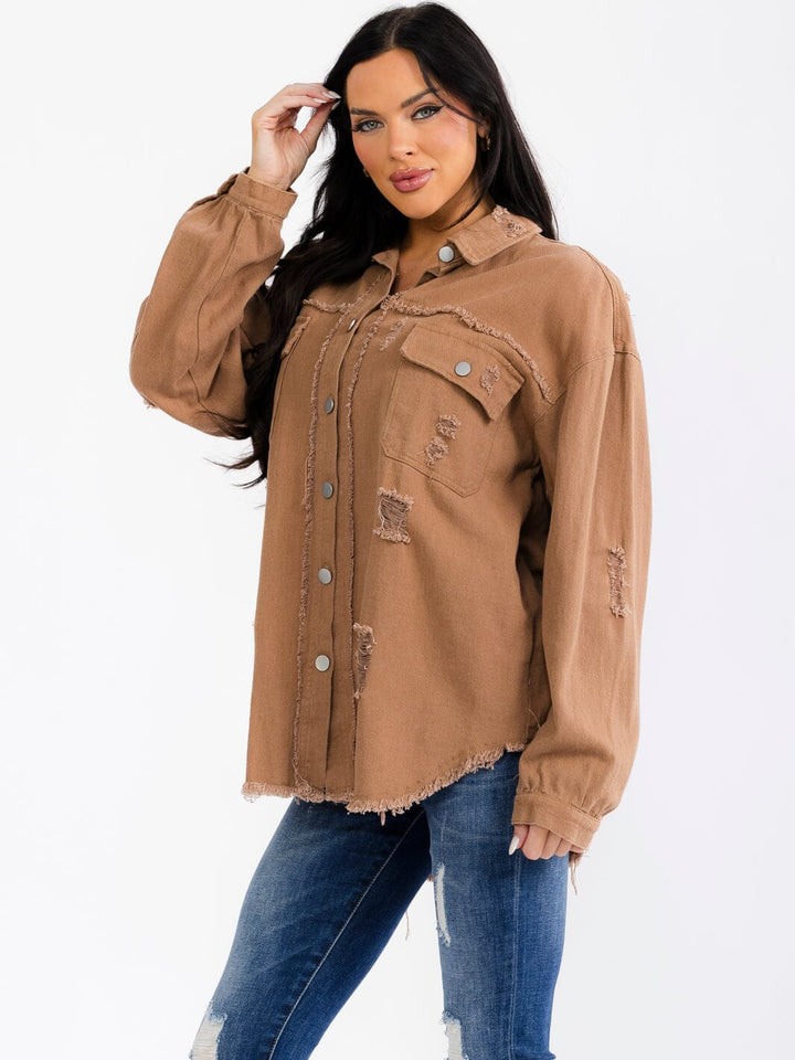 WOMEN'S LONG SLEEVE BUTTON UP FRONT POCKETS DENIM DISTRESS SHACKET