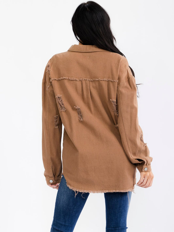 WOMEN'S LONG SLEEVE BUTTON UP FRONT POCKETS DENIM DISTRESS SHACKET