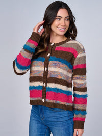 WOMEN'S LONG SLEEVE BUTTON CLOSURE MULTI COLOR STRIPES SWEATER