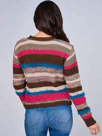 WOMEN'S LONG SLEEVE BUTTON CLOSURE MULTI COLOR STRIPES SWEATER