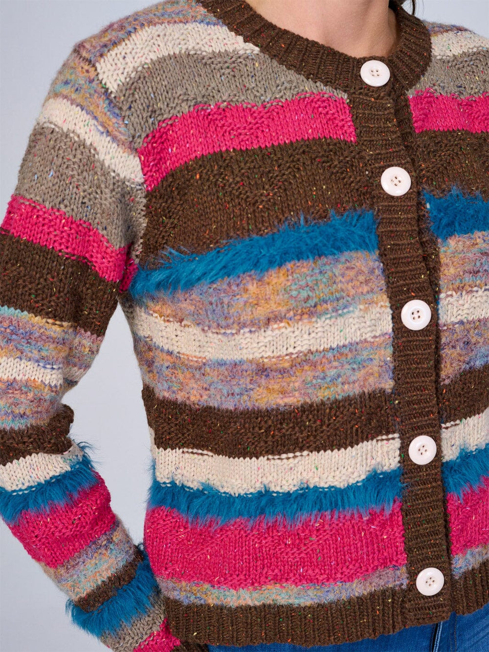 WOMEN'S LONG SLEEVE BUTTON CLOSURE MULTI COLOR STRIPES SWEATER