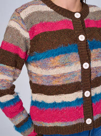 WOMEN'S LONG SLEEVE BUTTON CLOSURE MULTI COLOR STRIPES SWEATER