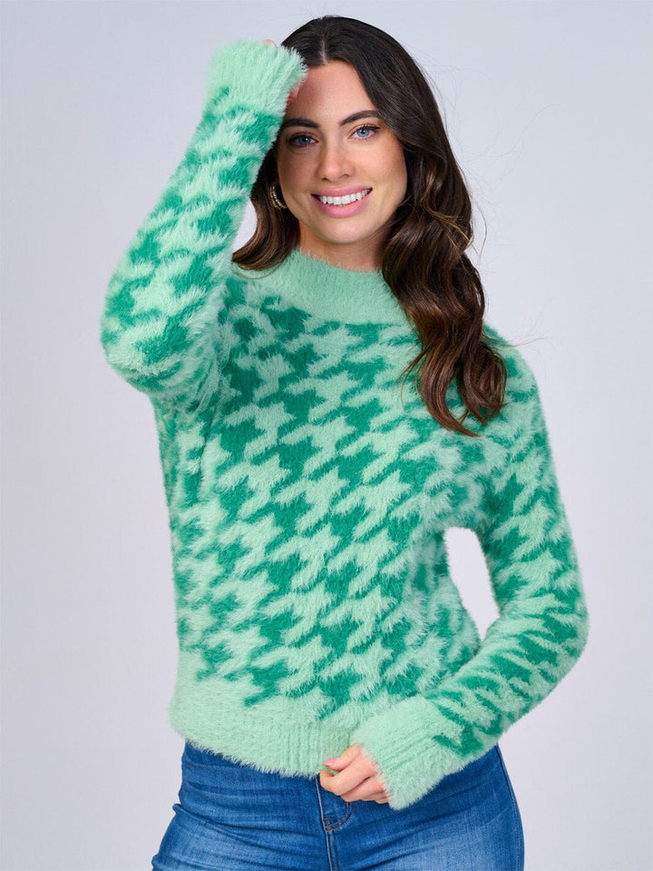 WOMEN'S LONG SLEEVE MOCK NECK FUZZY COLORBLOCK PULLOVER SWEATER