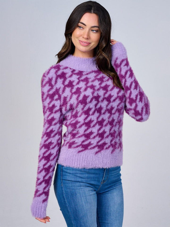 WOMEN'S LONG SLEEVE MOCK NECK FUZZY COLORBLOCK PULLOVER SWEATER