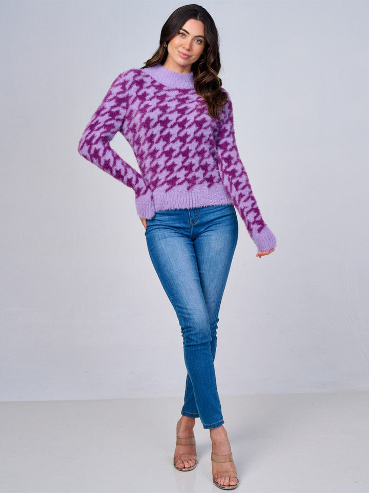 WOMEN'S LONG SLEEVE MOCK NECK FUZZY COLORBLOCK PULLOVER SWEATER