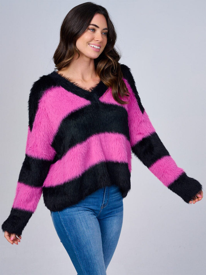 WOMEN'S LONG SLEEVE V-NECK COLORBLOCK STRIPES PULLOVER FUZZY SWEATER