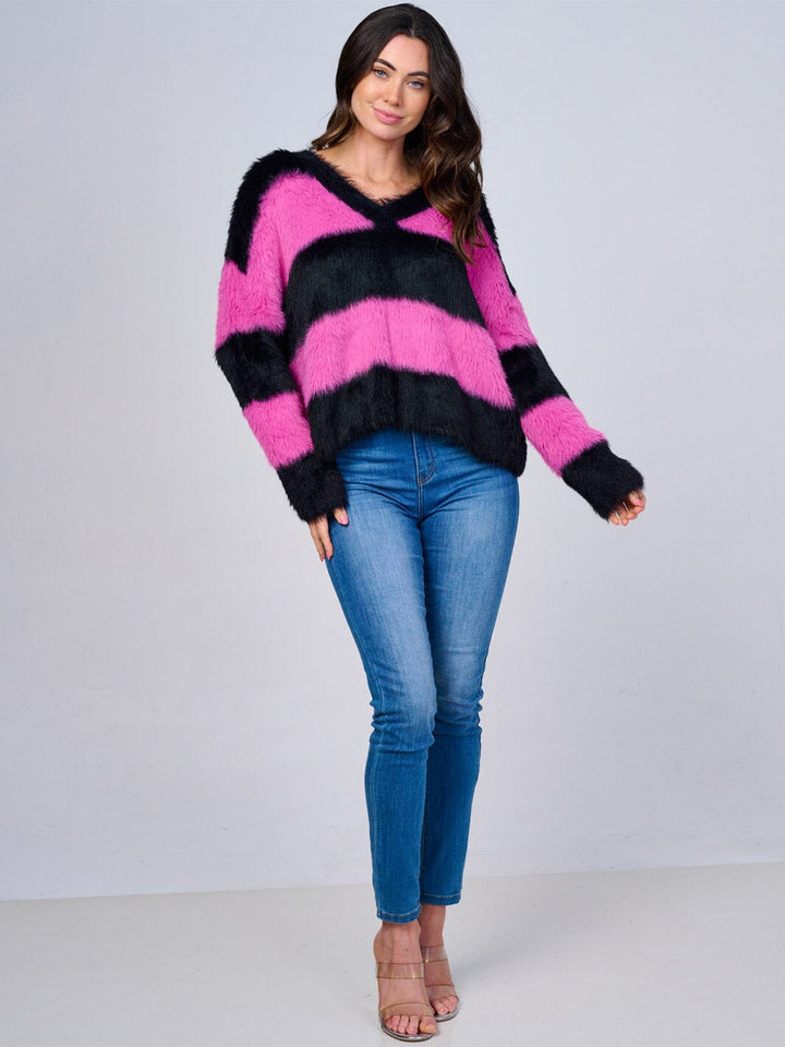 WOMEN'S LONG SLEEVE V-NECK COLORBLOCK STRIPES PULLOVER FUZZY SWEATER