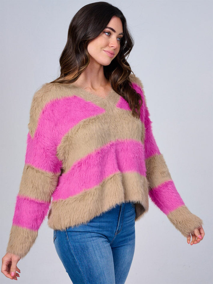 WOMEN'S LONG SLEEVE V-NECK COLORBLOCK STRIPES PULLOVER FUZZY SWEATER