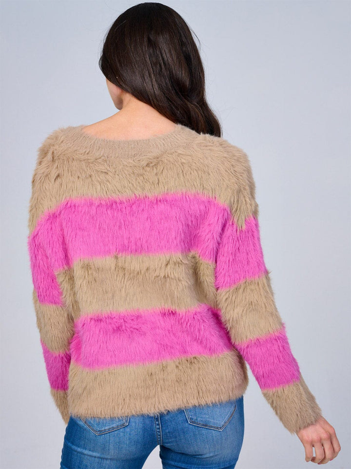 WOMEN'S LONG SLEEVE V-NECK COLORBLOCK STRIPES PULLOVER FUZZY SWEATER