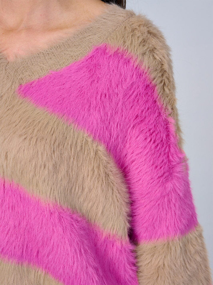 WOMEN'S LONG SLEEVE V-NECK COLORBLOCK STRIPES PULLOVER FUZZY SWEATER