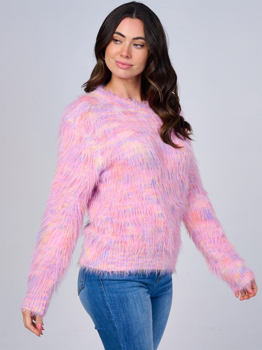 WOMEN'S LONG SLEEVE FUZZY MULTI PULLOVER SWEATER