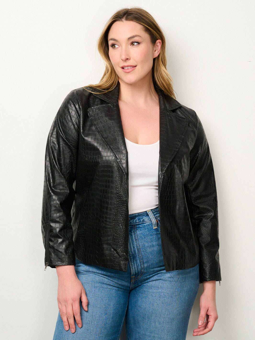 PLUS SIZE LONG SLEEVE OPEN FRONT POCKETS PU PLEATHER JACKET