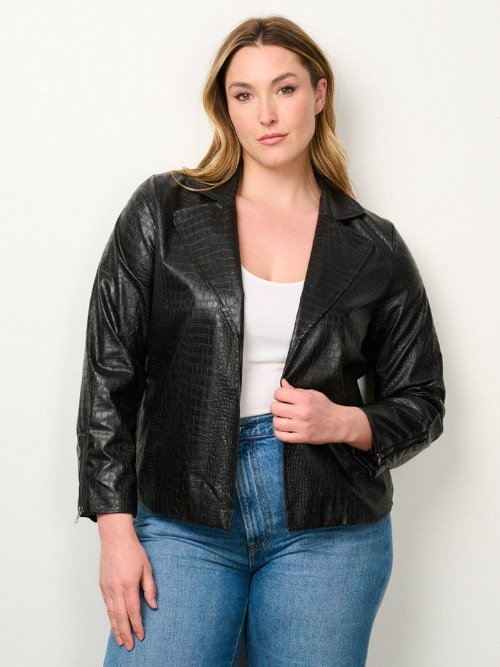 PLUS SIZE LONG SLEEVE OPEN FRONT POCKETS PU PLEATHER JACKET