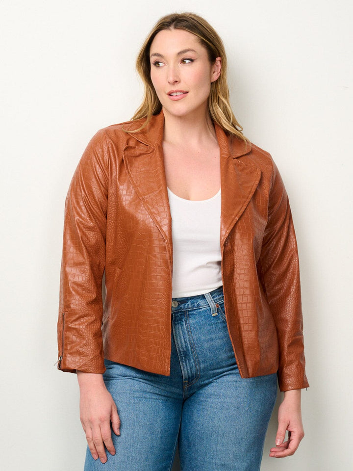 PLUS SIZE LONG SLEEVE OPEN FRONT POCKETS PU PLEATHER JACKET
