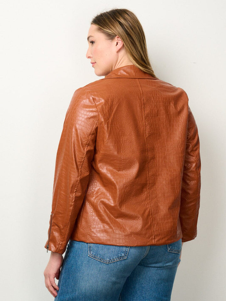 PLUS SIZE LONG SLEEVE OPEN FRONT POCKETS PU PLEATHER JACKET