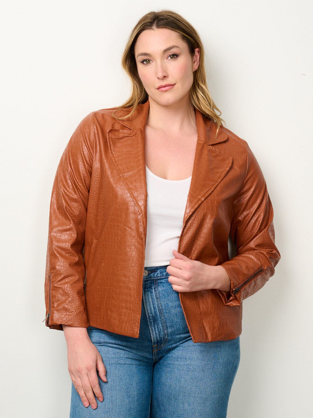 PLUS SIZE LONG SLEEVE OPEN FRONT POCKETS PU PLEATHER JACKET