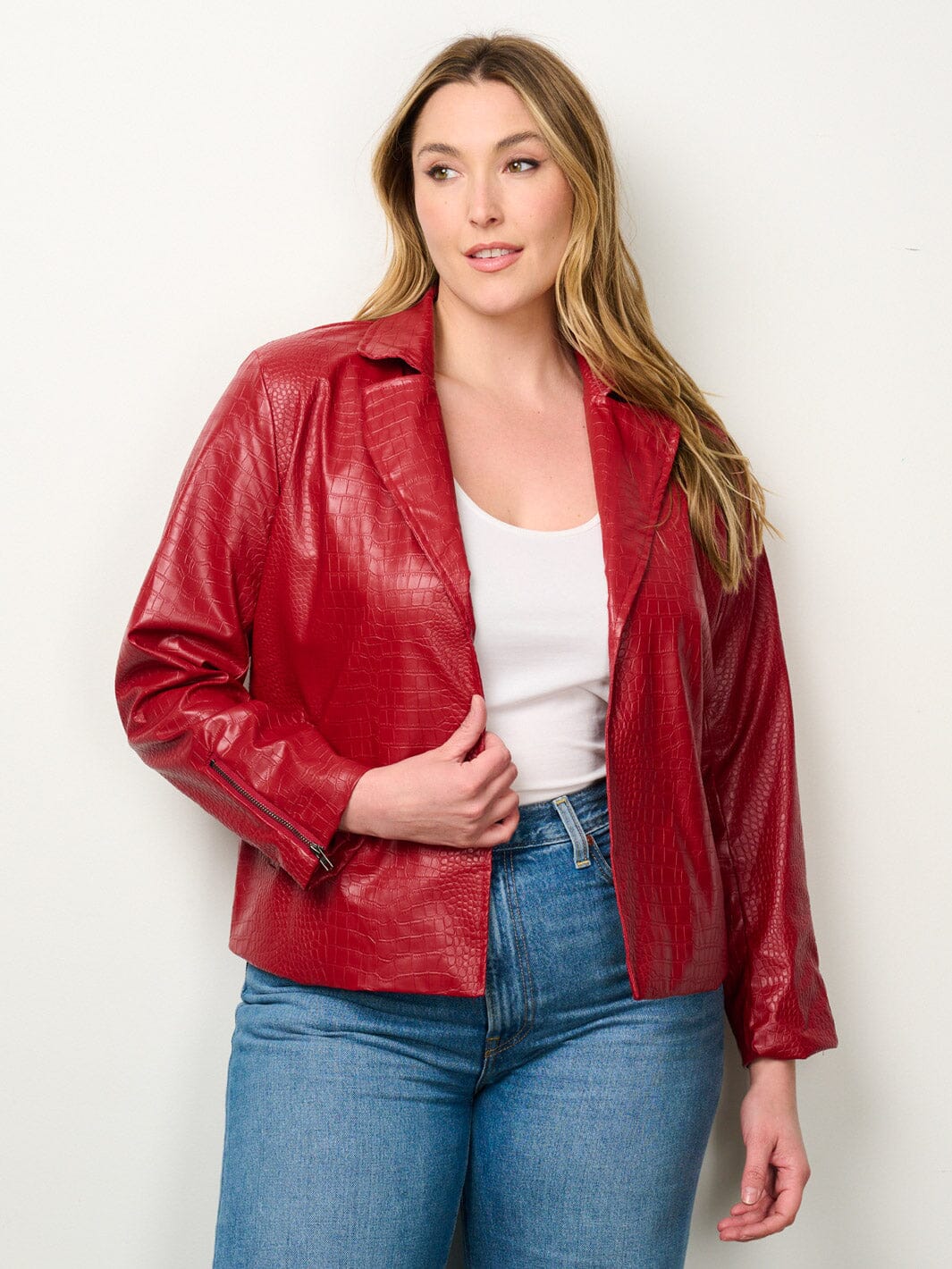 PLUS SIZE LONG SLEEVE OPEN FRONT POCKETS PU PLEATHER JACKET