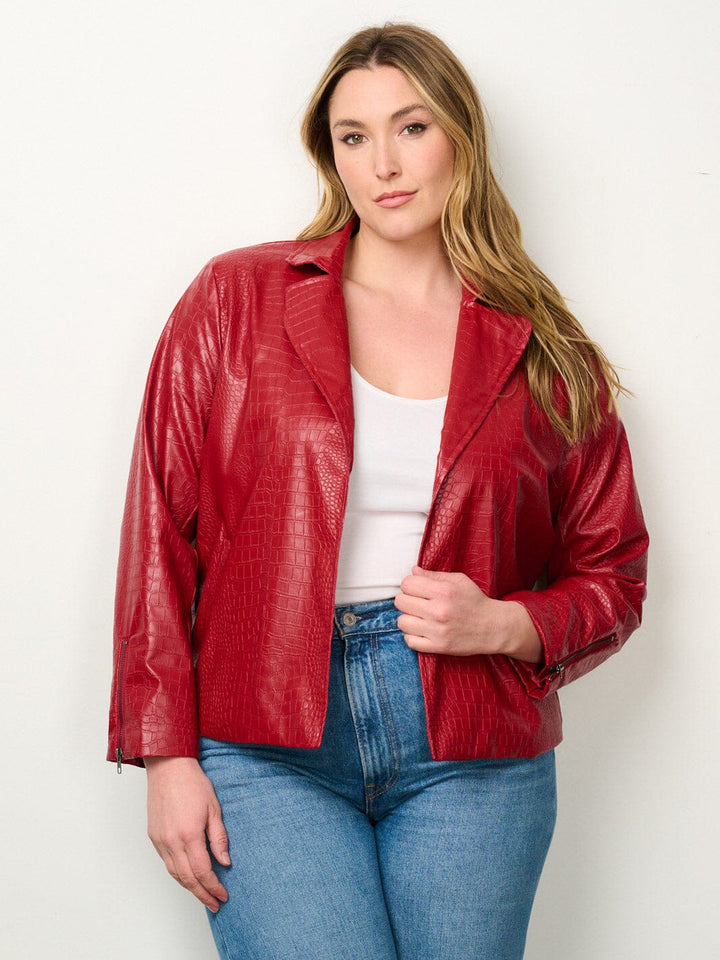 PLUS SIZE LONG SLEEVE OPEN FRONT POCKETS PU PLEATHER JACKET