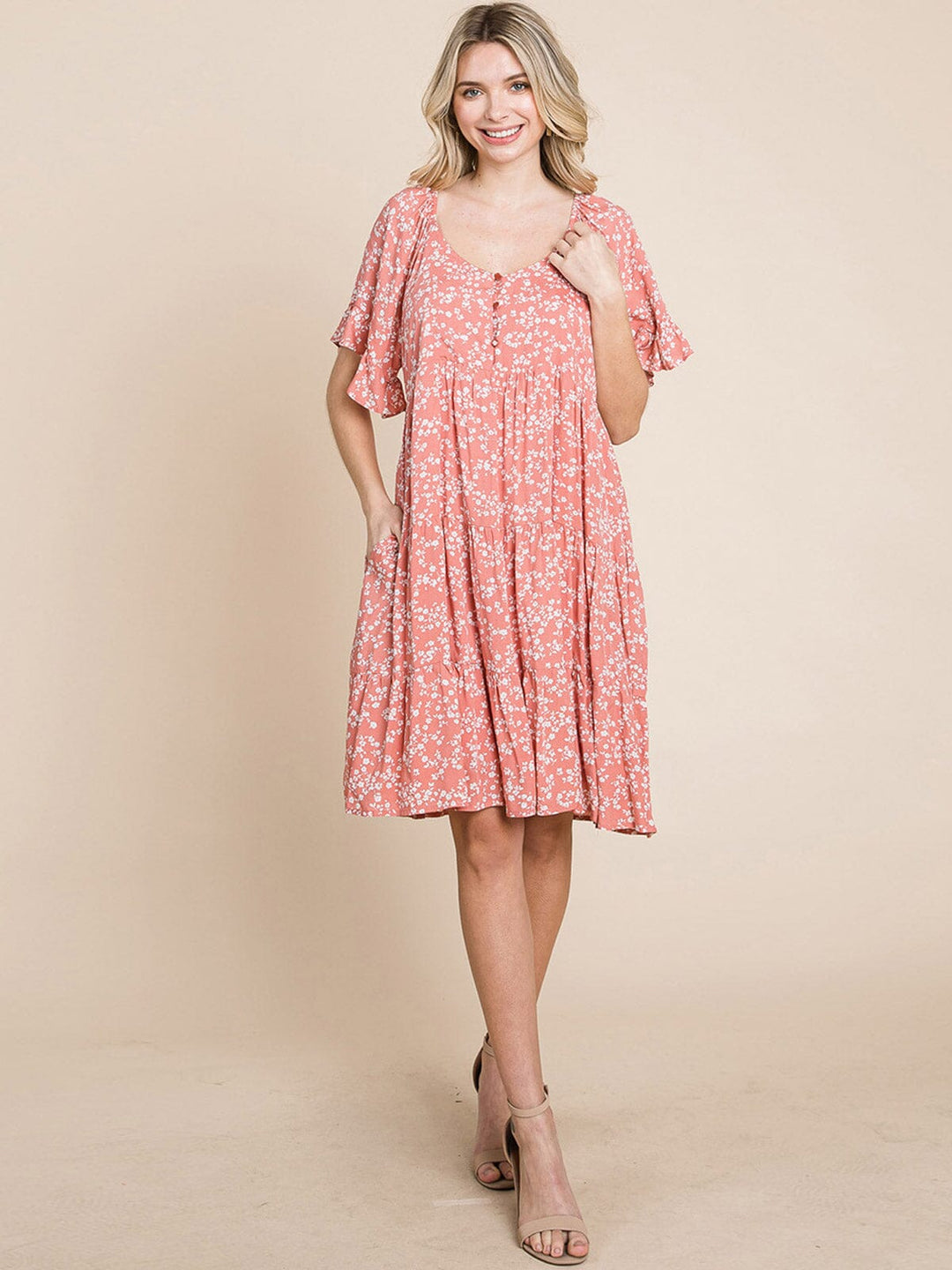 WOMEN'S SHORT SLEEVE FRONT POCKETS FLORAL TUNIC MINI DRESS