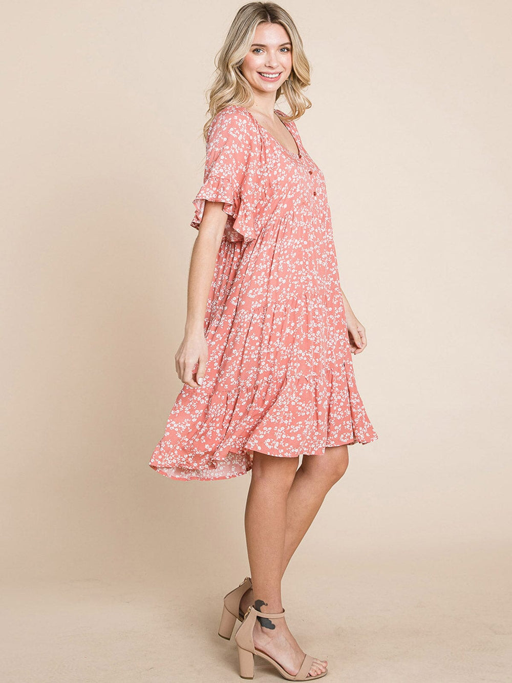 WOMEN'S SHORT SLEEVE FRONT POCKETS FLORAL TUNIC MINI DRESS