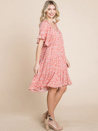 WOMEN'S SHORT SLEEVE FRONT POCKETS FLORAL TUNIC MINI DRESS