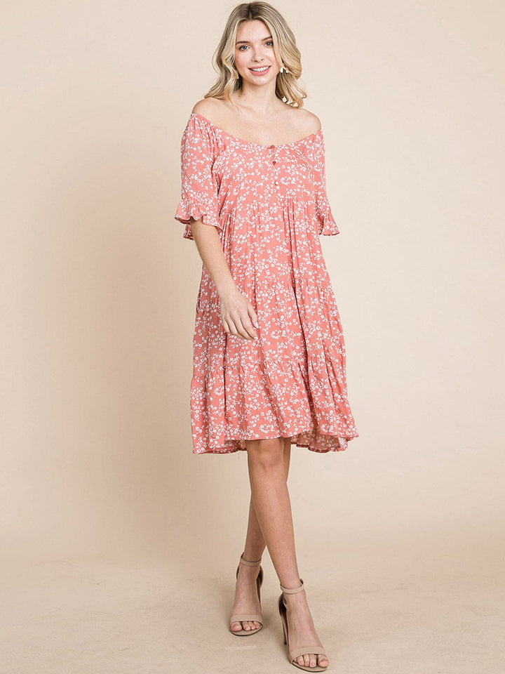 WOMEN'S SHORT SLEEVE FRONT POCKETS FLORAL TUNIC MINI DRESS