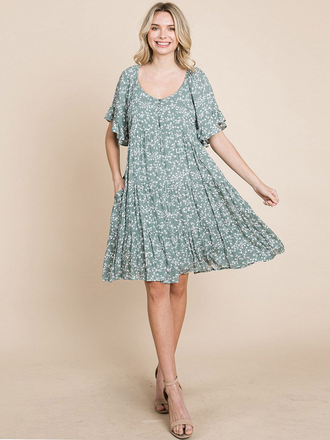 WOMEN'S SHORT SLEEVE FRONT POCKETS FLORAL TUNIC MINI DRESS