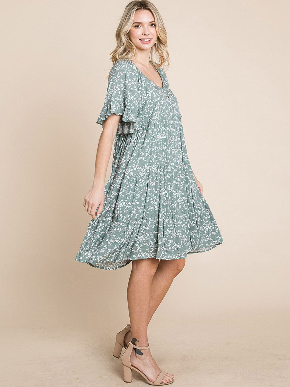 WOMEN'S SHORT SLEEVE FRONT POCKETS FLORAL TUNIC MINI DRESS