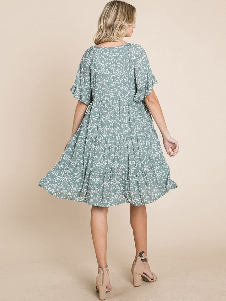 WOMEN'S SHORT SLEEVE FRONT POCKETS FLORAL TUNIC MINI DRESS