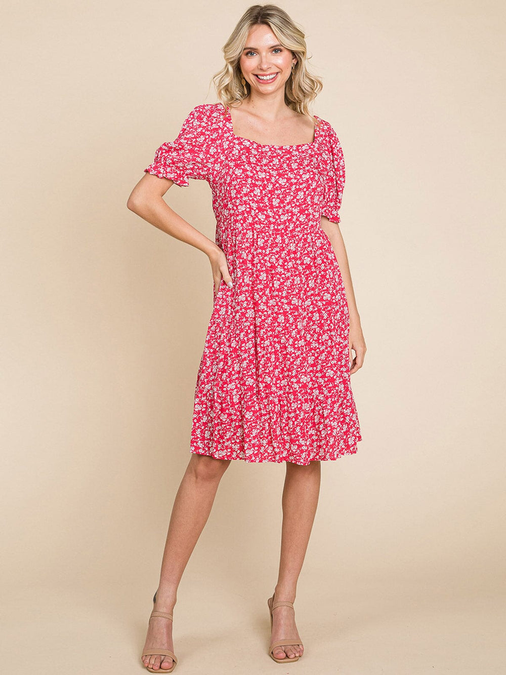 WOMEN'S SHORT SLEEVE SQUARE NECK FLORAL TUNIC MINI DRESS
