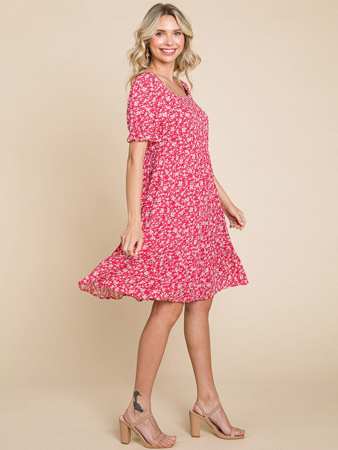 WOMEN'S SHORT SLEEVE SQUARE NECK FLORAL TUNIC MINI DRESS