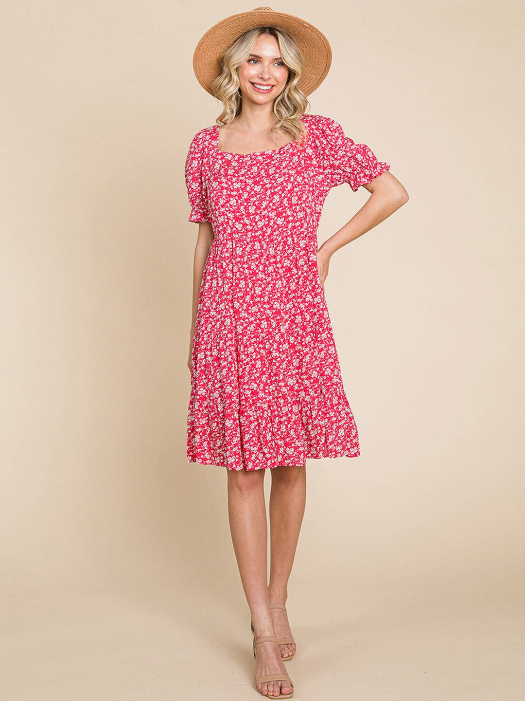 WOMEN'S SHORT SLEEVE SQUARE NECK FLORAL TUNIC MINI DRESS