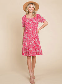WOMEN'S SHORT SLEEVE SQUARE NECK FLORAL TUNIC MINI DRESS