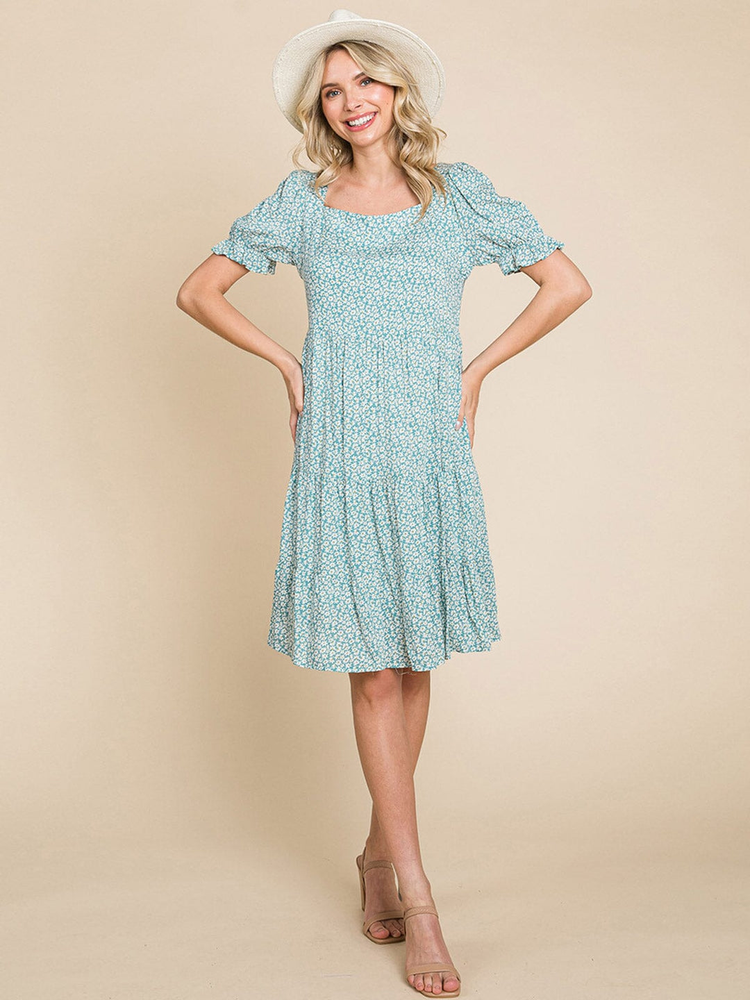 WOMEN'S SHORT SLEEVE SQUARE NECK FLORAL TUNIC MINI DRESS