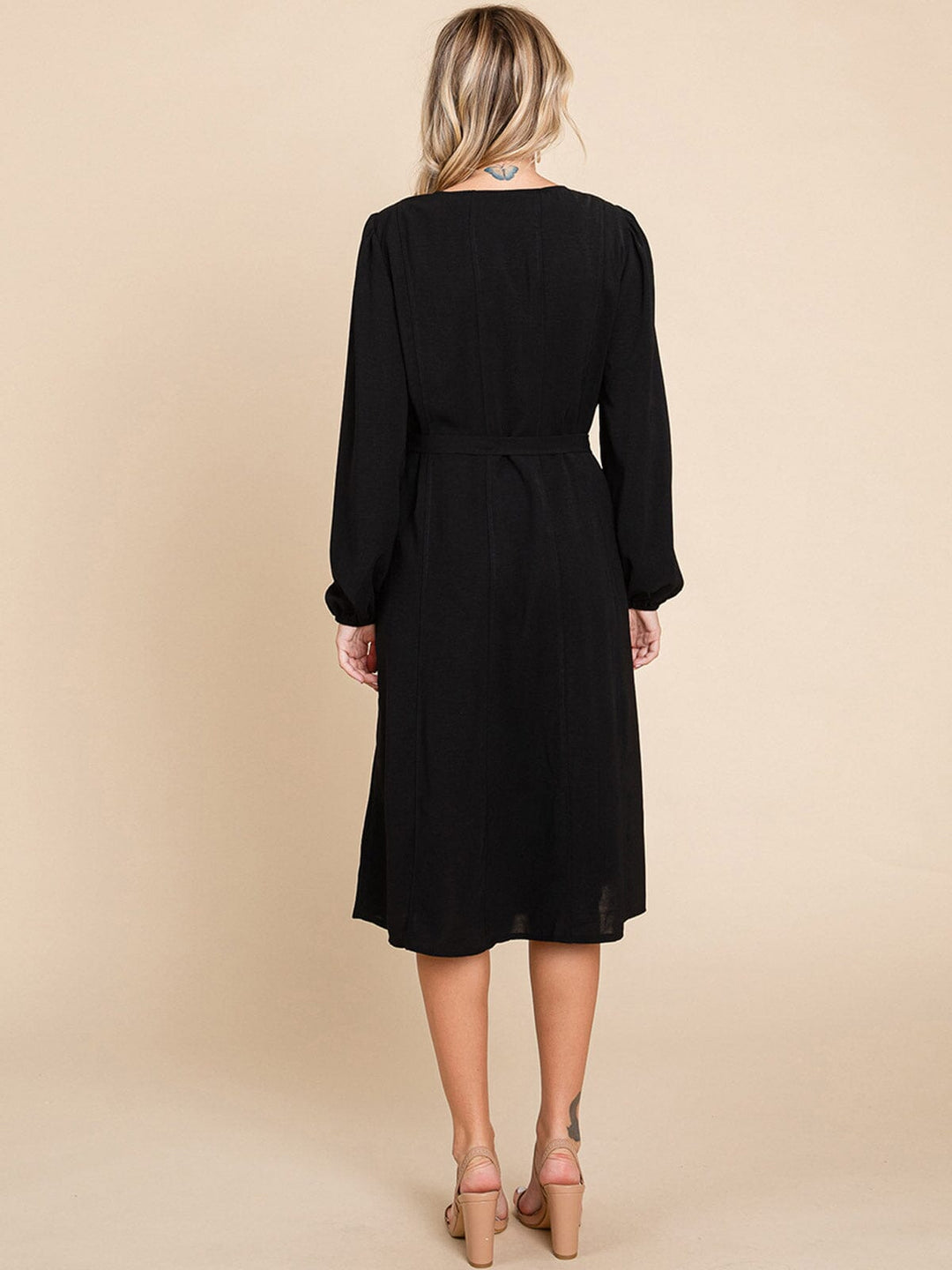 WOMEN'S LONG SLEEVE BUTTON UP BELTED MIDI DRESS