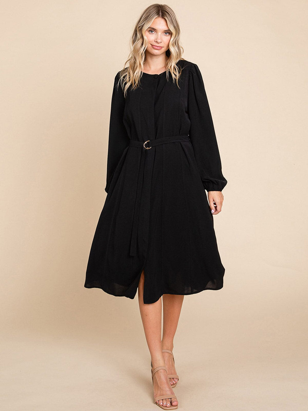 WOMEN'S LONG SLEEVE BUTTON UP BELTED MIDI DRESS