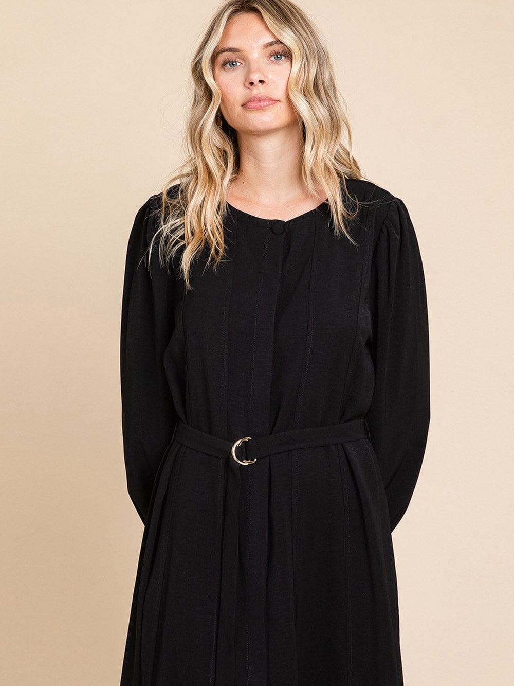 WOMEN'S LONG SLEEVE BUTTON UP BELTED MIDI DRESS