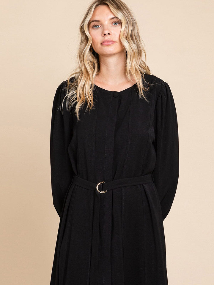 WOMEN'S LONG SLEEVE BUTTON UP BELTED MIDI DRESS