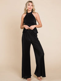 WOMEN'S SLEEVELESS HALTER NECK TOP & ELASTIC WAIST WIDE LEG PANTS PLEATED 2PC. SET
