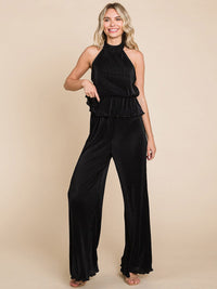 WOMEN'S SLEEVELESS HALTER NECK TOP & ELASTIC WAIST WIDE LEG PANTS PLEATED 2PC. SET