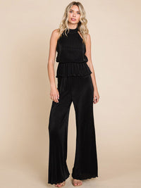 WOMEN'S SLEEVELESS HALTER NECK TOP & ELASTIC WAIST WIDE LEG PANTS PLEATED 2PC. SET