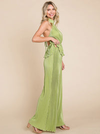 WOMEN'S SLEEVELESS HALTER NECK TOP & ELASTIC WAIST WIDE LEG PANTS PLEATED 2PC. SET