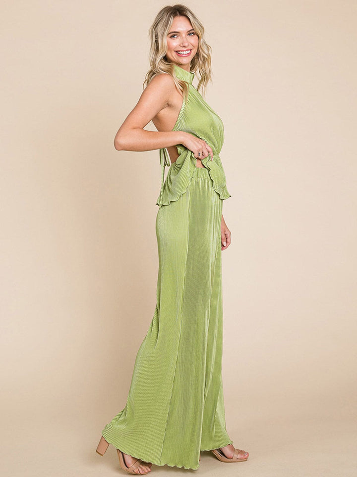 WOMEN'S SLEEVELESS HALTER NECK TOP & ELASTIC WAIST WIDE LEG PANTS PLEATED 2PC. SET