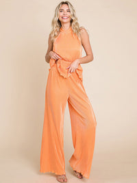WOMEN'S SLEEVELESS HALTER NECK TOP & ELASTIC WAIST WIDE LEG PANTS PLEATED 2PC. SET
