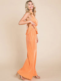 WOMEN'S SLEEVELESS HALTER NECK TOP & ELASTIC WAIST WIDE LEG PANTS PLEATED 2PC. SET