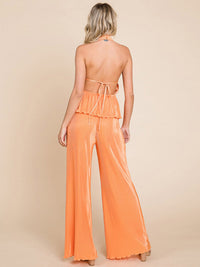 WOMEN'S SLEEVELESS HALTER NECK TOP & ELASTIC WAIST WIDE LEG PANTS PLEATED 2PC. SET
