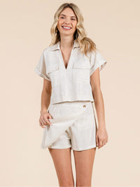 WOMEN'S SHORT SLEEVE V-NECK TOP & BUTTON CLOSURE MINI SKORT SOLID LINEN 2PC. SET