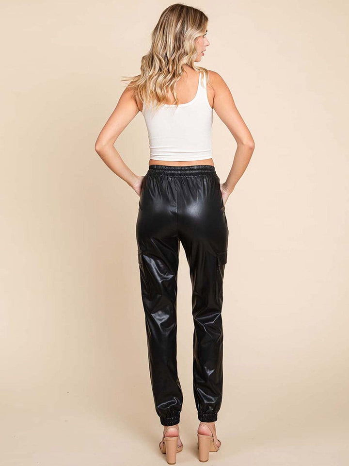 WOMEN'S ELASTIC WAIST CARGO POCKETS PU PLEATHER JOGGER LEG PANTS